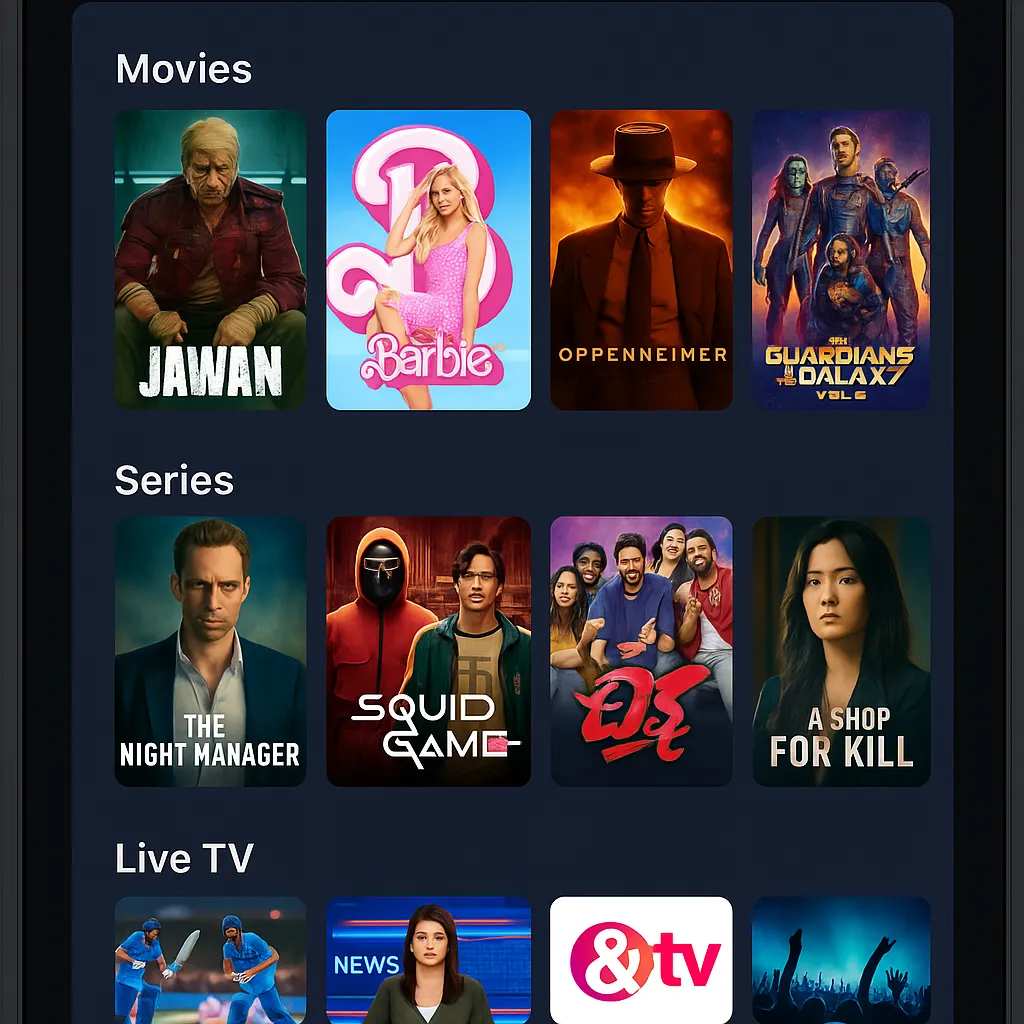 Screenshot of Castle APK’s vibrant content library, showcasing movies, series, and live TV.
